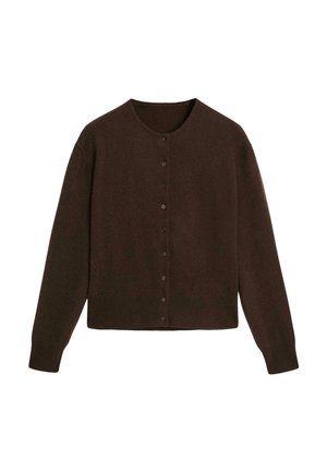Dunkelbrauner langärmeliger Button-Up-Cardigan mit Rundhalsausschnitt, gerippten Bündchen und Saum.