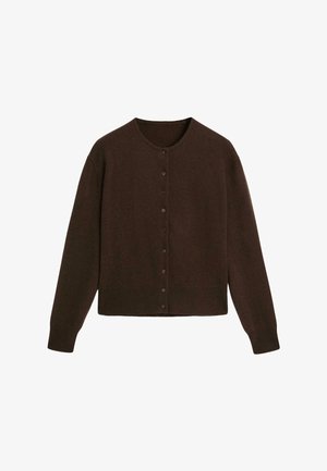 Mørkebrun langærmet knap-op cardigan med rund halsudskæring, ribbede manchetter og kant.