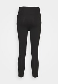 Leggings neri con vita alta, texture liscia, forma attillata e taglio alla caviglia, con dettagli di cucitura minimi.