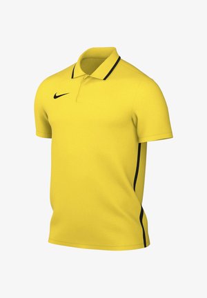 Gul kortærmet polo-shirt med sort Nike-swoosh på højre bryst og sort kant på kraven og siderne.