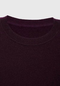 Rundhals-Dunkellila-Pullover aus weichem Strickstoff; mit geripptem Kragen und Bündchen. Die Details sind minimal gehalten und die Oberfläche ist glatt.
