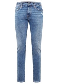 Jean en denim bleu à coupe droite, cinq poches, et fermeture boutonnée. Légèrement délavé avec une légère usure à l'avant.