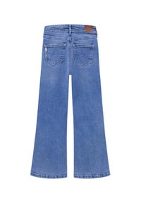 Blå denimbyxor med utsvängda ben, med midja i medelhöjd, femficksdesign och stickningsdetaljer, med en brun läderlogg på baksidan.