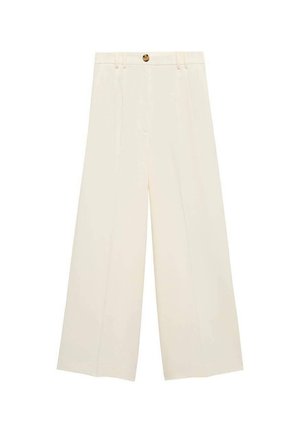 Krémové kalhoty širokého střihu s vysokým pasem, zapínáním na knoflík a hladkým povrchem bez viditelných vzorů nebo akcentů.