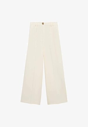 Krémové kalhoty širokého střihu s vysokým pasem, zapínáním na knoflík a hladkým povrchem bez viditelných vzorů nebo akcentů.