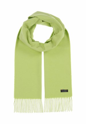 Heller grüner Schal aus weichem Stoff, mit fransigen Kanten und einem kleinen Markenetikett. Glatte Textur mit einfachem Design.