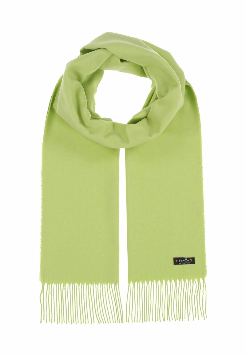 Sciarpa verde chiaro realizzata in morbido tessuto, con bordi frangiati e una piccola etichetta del brand. Texture liscia con un design semplice.