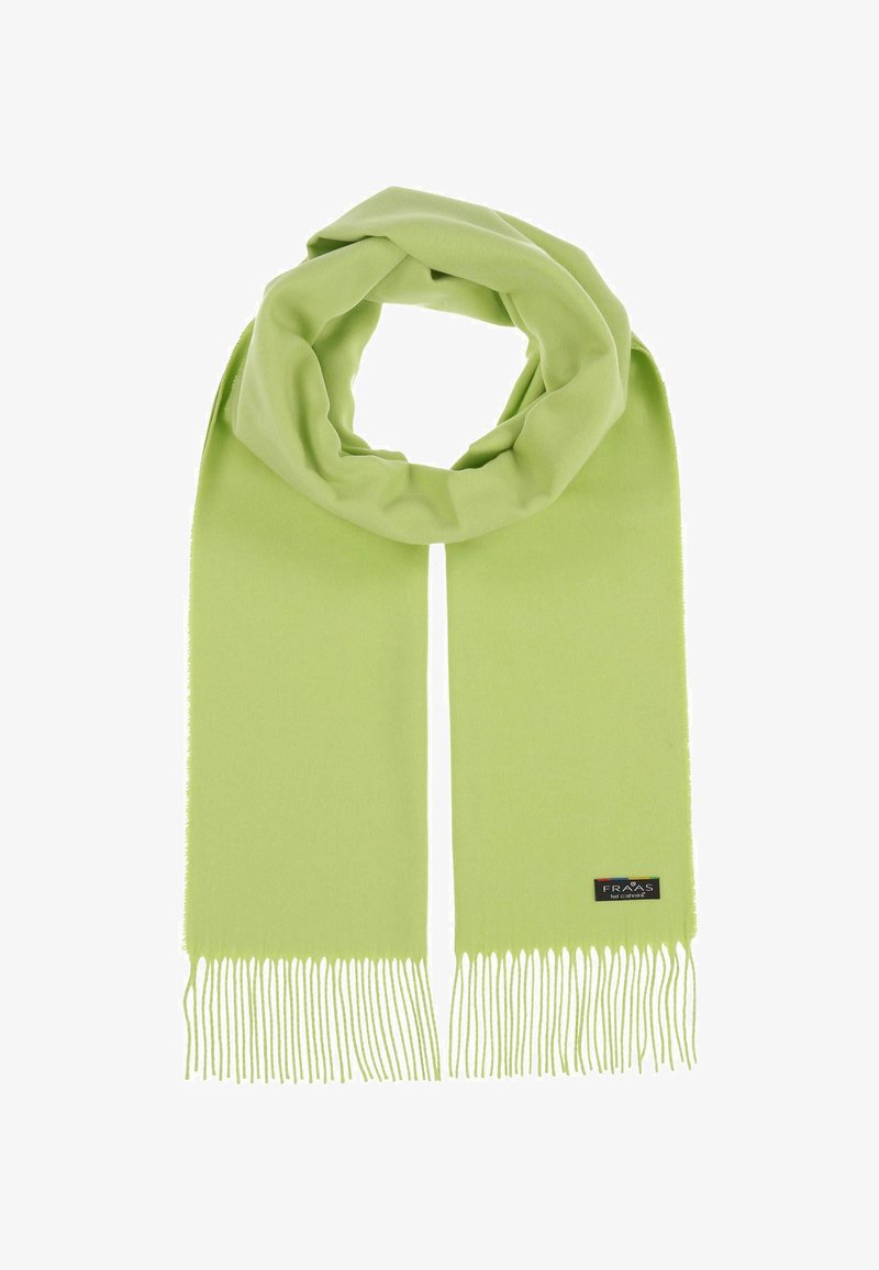 Šviesiai žalia skara, pagaminta iš minkštos medžiagos, su pūkuotais kraštais ir maža prekių ženklo etiketė. Lygus paviršius su paprastu dizainu.