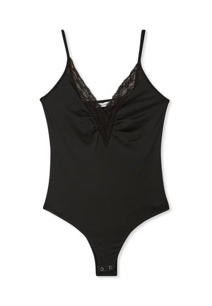 Body nero con spalline sottili, scollatura profonda con pizzo, dettaglio di tessuto arricciato sul seno e chiusura a pressione sul fondo.