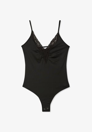 Body nero con spalline sottili, scollatura profonda con pizzo, dettaglio di tessuto arricciato sul seno e chiusura a pressione sul fondo.