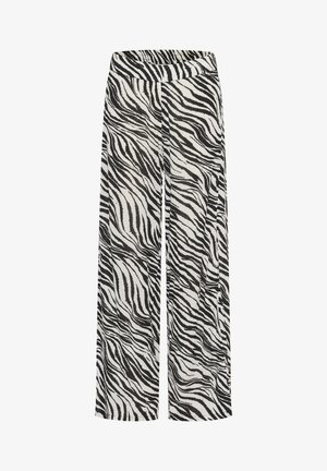 Platas kāju bikses ar melnbaltu zebra raksta dizainu, mīkstu audumu un elastīgu jostasvietu komfortam un ērtai valkāšanai.