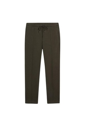 Pantalon vert foncé à jambes droites avec ceinture élastique et cordon réglable, poches avant et détail de pli sur chaque jambe.