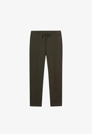 Pantalon vert foncé à jambes droites avec ceinture élastique et cordon réglable, poches avant et détail de pli sur chaque jambe.