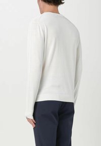 Maglione di colore chiaro e texture a maglia, con maniche lunghe e fondo a costine, indossato sopra pantaloni blu navy, che mette in risalto un design semplice e minimalista.