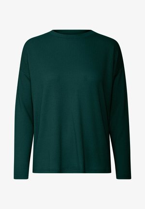 Maglietta a maniche lunghe in verde tunisia, realizzata in tessuto a costine. Presenta un collo rotondo e una vestibilità morbida, senza motivi o dettagli visibili.