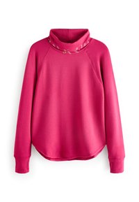Felpa rosa con collo alto, maniche raglan e orlo curvo. Presenta un bordo decorativo attorno al collo e una texture di tessuto morbido.