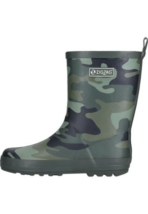 Botte de pluie en caoutchouc avec un motif camouflage dans des teintes de vert foncé, vert clair et noir. Texture lisse avec une semelle texturée pour une meilleure adhérence.