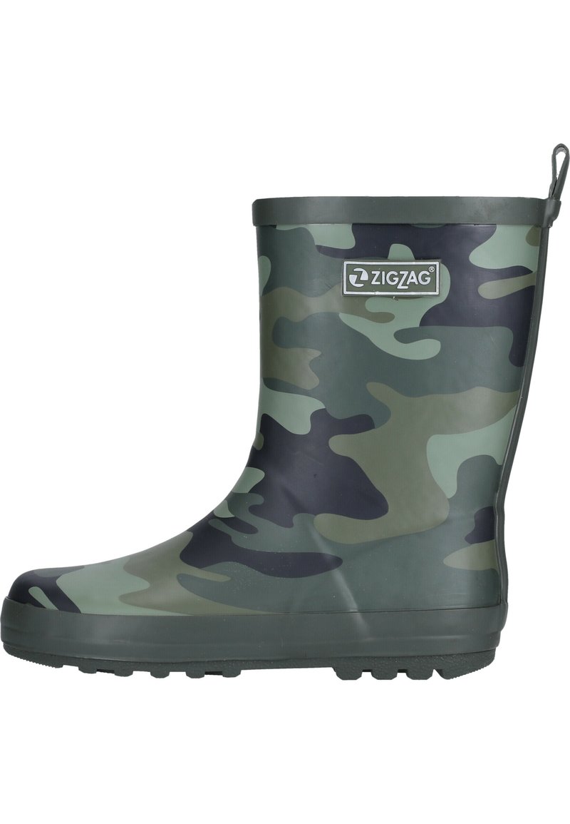 Botte de pluie en caoutchouc avec un motif camouflage dans des teintes de vert foncé, vert clair et noir. Texture lisse avec une semelle texturée pour une meilleure adhérence.