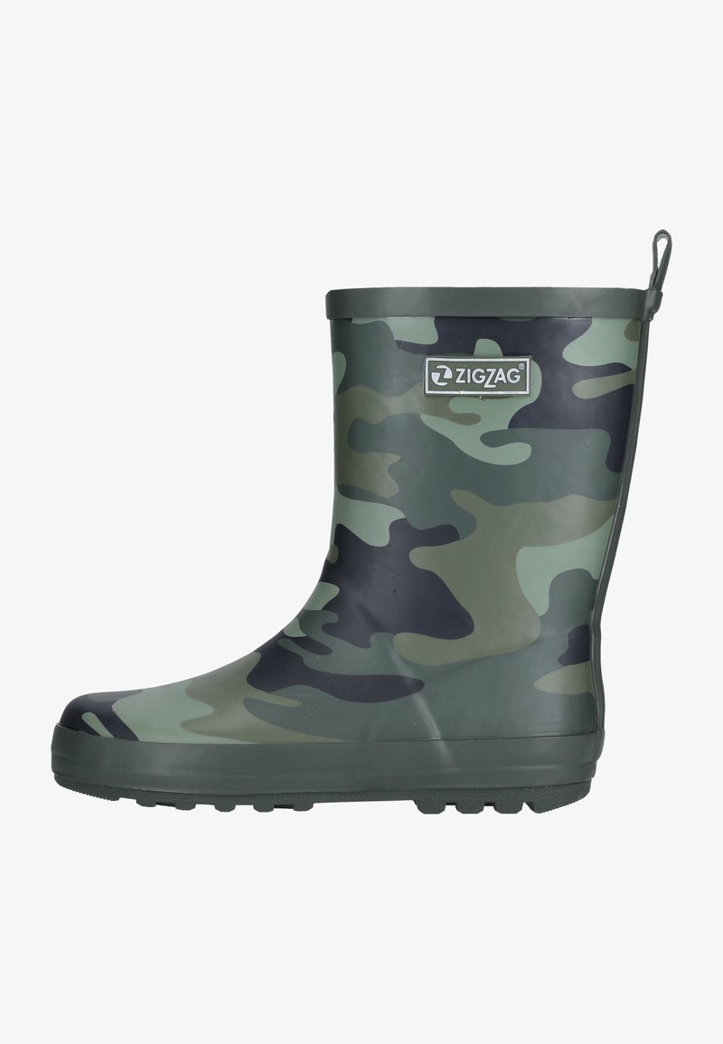 Botte de pluie en caoutchouc avec un motif camouflage dans des teintes de vert foncé, vert clair et noir. Texture lisse avec une semelle texturée pour une meilleure adhérence.