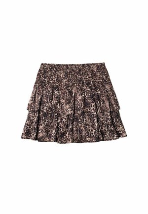 Jupe mini à volants en tissu doux, imprimé animal marron et noir, avec une taille élastique et des détails de volants flottants.