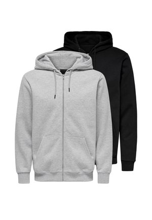 Two hoodies: one gray with a full zipper, front pockets, and drawstring hood; the other black, pullover style with a hood.