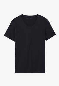 Sort bomulds V-hals T-shirt med korte ærmer. Glat tekstur, ingen mønstre, med et logo ved halsudskæringen. Klassisk fit-design.