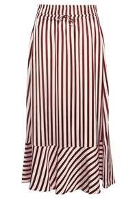 Rödbrun och vit randig kjol med elastisk midja och dragsko. Har en utställd nederkant. Tyget verkar slätt och lätt.