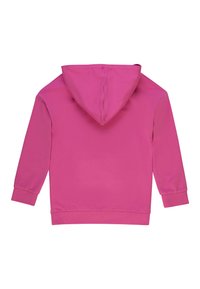 Felpa con cappuccio di colore rosa uniforme, con maniche lunghe e polsini a costine. Texture liscia con un design minimale, senza loghi o motivi visibili.