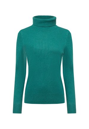 Türkiser Rollkragenpullover aus Rippstrickstoff. Verfügt über lange Ärmel und eine taillierte Silhouette. Weiche Textur mit glatter Oberfläche.