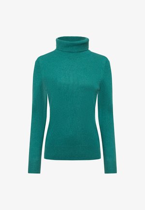 Türkiser Rollkragenpullover aus Rippstrickstoff. Verfügt über lange Ärmel und eine taillierte Silhouette. Weiche Textur mit glatter Oberfläche.