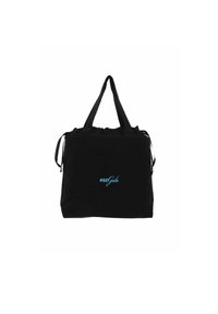 Borsa a tote nera in tessuto con due manici, chiusura superiore con cordoncino e un logo blu "#BEGabs" sul fronte. Presenta un design semplice e privo di decorazioni.