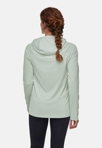 Ljusgrön långärmad jacka med huva och mjuk textur, med en logotyp på ryggen och en stilren design. Betonade sömmar längs armarna.