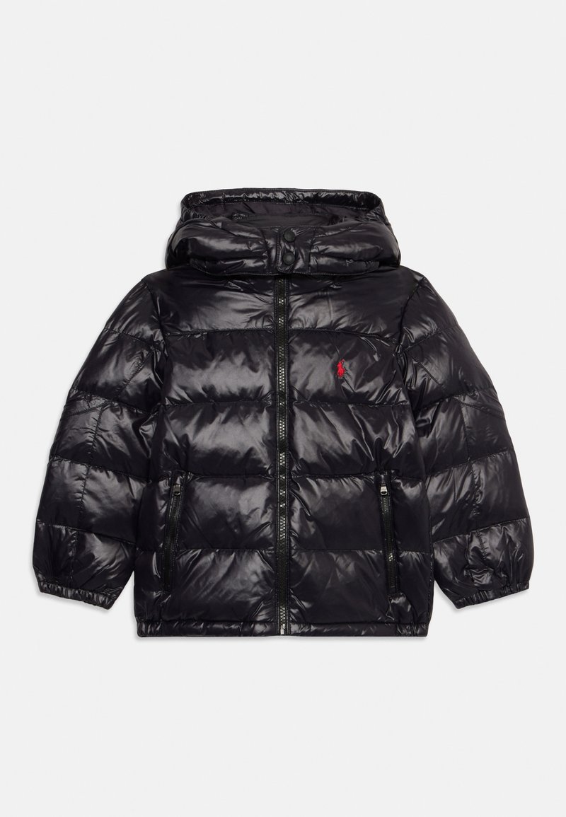 Black shiny padded hooded jacket with front zipper, two zip pockets, elastic cuffs, and small red logo on the chest.