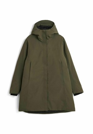 Parka jacket olihivihreässä värissä, jossa on huppu, suora leikkaus, pitkät hihat ja vetoketjukiinnitys. Valmistettu sileästä, vettä hylkivästä materiaalista.