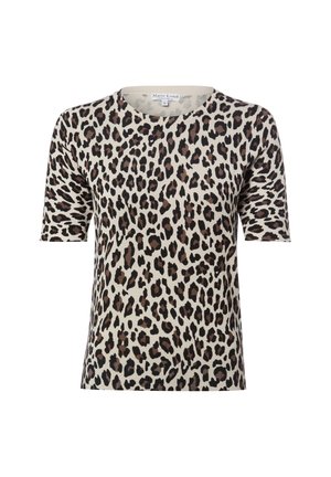 Kurzärmeliges Damenoberteil mit rundem Ausschnitt und beigem Hintergrund, verziert mit einem unregelmäßigen Leopardenmuster in Schwarz und Braun.