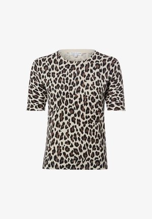 Dames top met korte mouwen en een ronde halslijn, met een beige achtergrond en een onregelmatig luipaardprintpatroon in zwart en bruin.