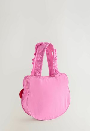 Piccola borsa rosa a forma di testa di gatto con manici arricciati e chiusura a zip, appoggiata su uno sfondo semplice.