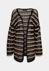 Kardigan o luźnym splocie z poziomymi paskami w kolorze czarnym i beżowym, o swobodnym kroju i głębokim dekolcie w kształcie litery V.