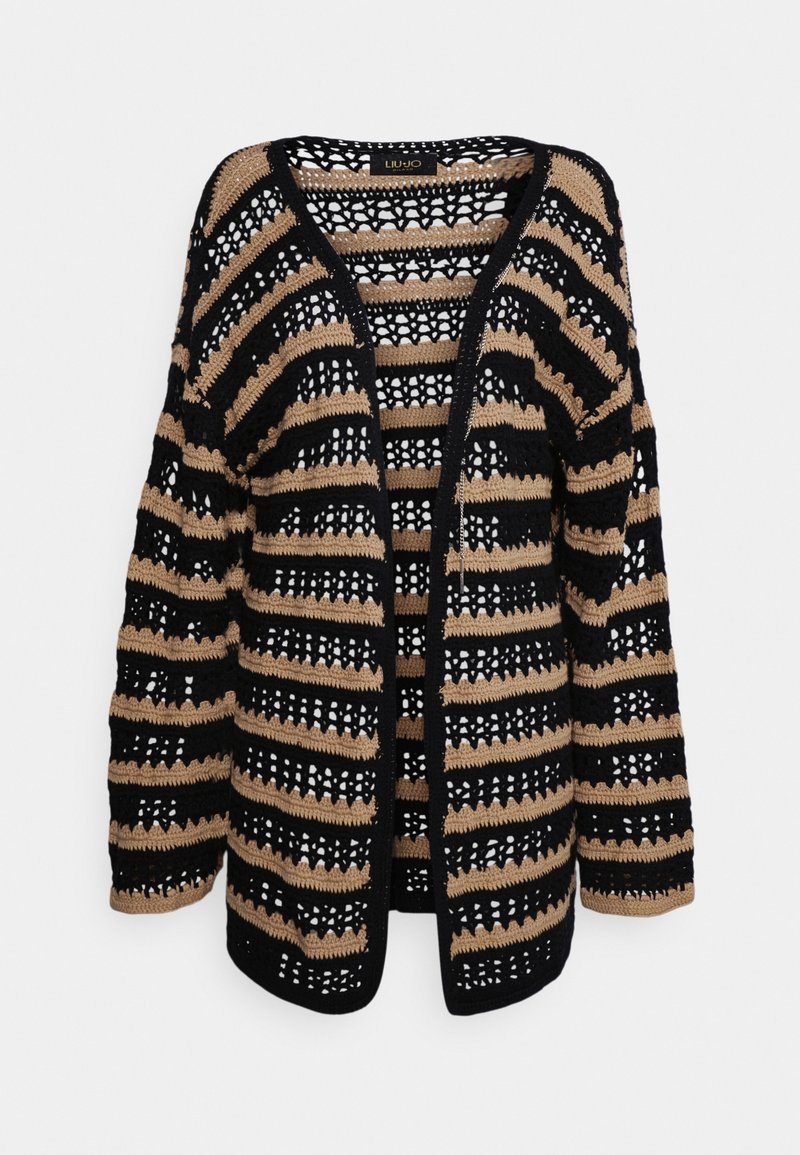 Kardigan o luźnym splocie z poziomymi paskami w kolorze czarnym i beżowym, o swobodnym kroju i głębokim dekolcie w kształcie litery V.