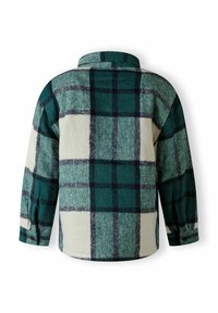 Roheline ja kreemjas flanellist särk, millel on tumesinised ruudud, varustatud krae ja nööbid kantide juures. Pehme tekstuur, mugav lõige ja pikad varrukad.