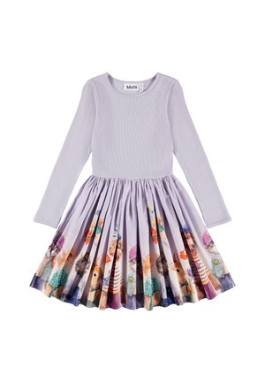 Long-sleeve dress with a ribbed lavender top and pleated skirt featuring colorful illustrations of animals and flowers. Soft fabric, elastic waist.