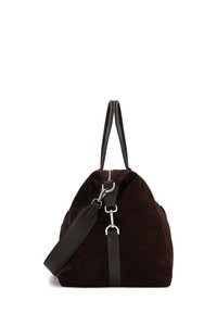 Brown suede bag with dark leather accents, a zip closure, and a detachable strap. Features a rounded, spacious design.