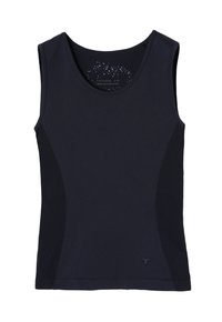 Marineblauwe sportieve tanktop met een ronde halslijn, mesh zijpanelen en een gladde textuur. Logo afgeprint nabij de zoom.