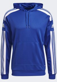 Sudadera azul hecha de tela suave con bolsillo frontal, cordón ajustable y acentos con rayas blancas en las mangas. Logo de Adidas en la manga.