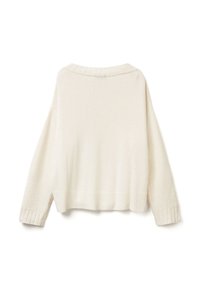 Cremefarbener Pullover mit lässiger Passform, geripptem Ausschnitt und Bündchen, strukturierten Ärmeln und geradem Saum. Aus weichem, leichtem Strickmaterial.