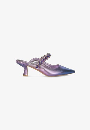 Pointed-toe mule shoe in iridescent purple and blue. Features a bejeweled strap across the instep and a slim, angled heel.