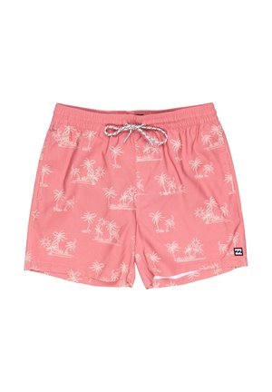 Maillots de bain pour hommes en rose clair, avec un motif de palmiers blancs. Taille élastique avec cordon de serrage et poches latérales.