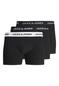 Schwarze Boxershorts im Dreierpack. Mit einem weißen elastischen Bund mit dem Text "JACK & JONES". Glattes Material und eng anliegendes Design.