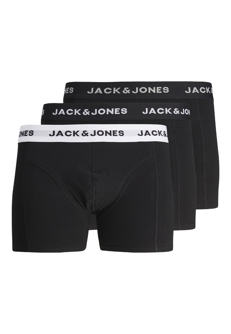 Schwarze Boxershorts im Dreierpack. Mit einem weißen elastischen Bund mit dem Text "JACK & JONES". Glattes Material und eng anliegendes Design.