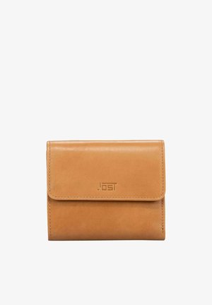 Portefeuille en cuir beige avec une texture lisse, forme rectangulaire, fermeture à rabat avant et détail de logo embossé. Design simple et fonctionnel.